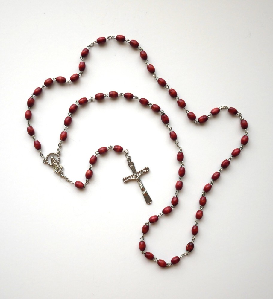 Wood Oval Bead Rosary with Miraculous Center - Maroon