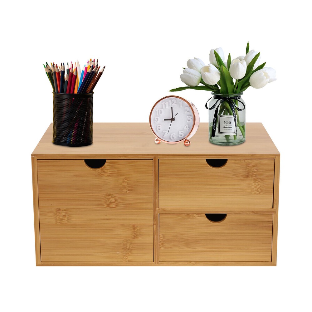 Desk Organizer Drawers Office Desktop Storage Bamboo Box Storage Recess Handle