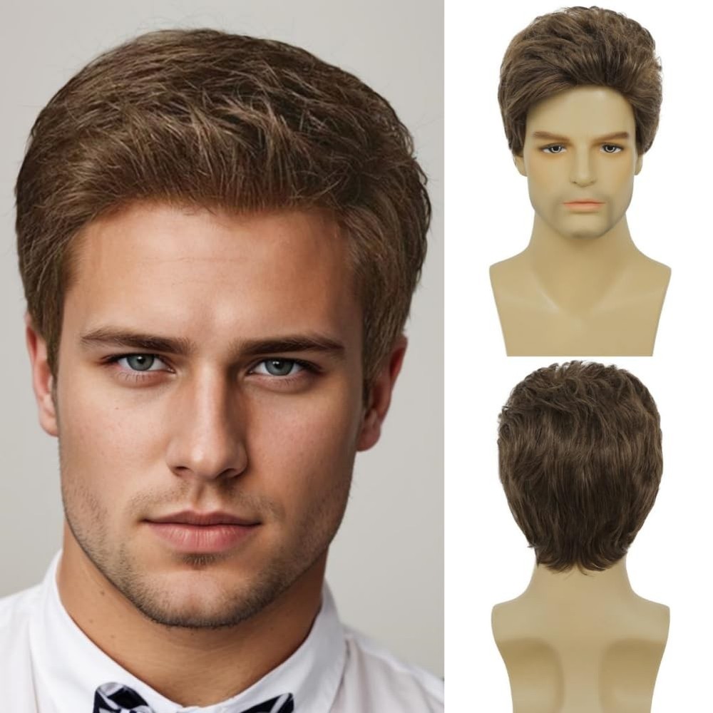 Mens Short Brown Wig Layered Synthetic Reality Hair 80S Costume Wigs