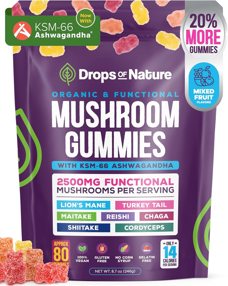 Ashwagandha and Lions Mane Mushroom Supplement Gummies - Organic - Reishi, Cordy