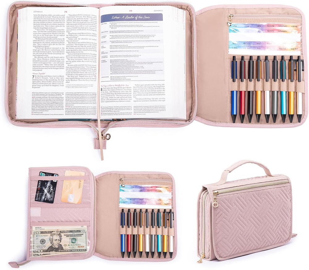 Bible Cover for Women & Men, Triple-Fold Case with Handle & Zippered Pocket