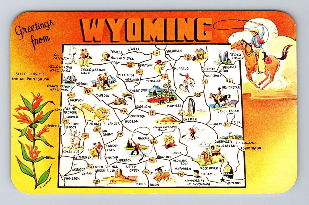 WY-Wyoming, Scenic Greetings, Map Landmarks, Vintage Postcard