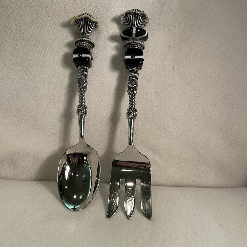Pair Of Salad Servers- Large Spoon & Fork Decorative Handles W/ Black White Bead