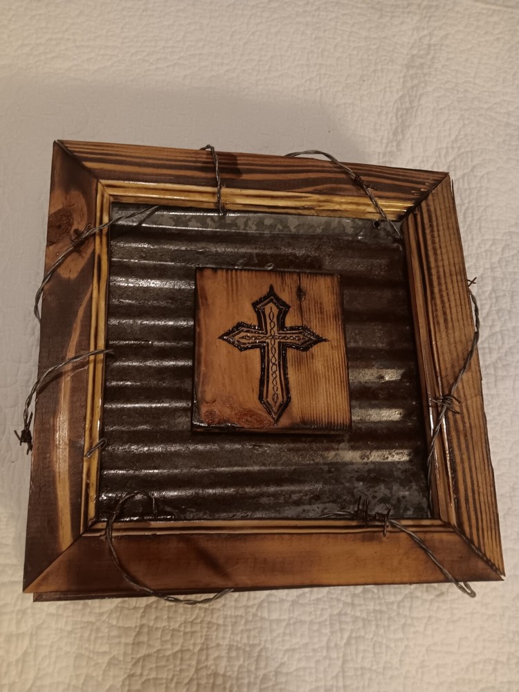 Rustic Plaque With Cross, Corrugated Metal And Wood Burned