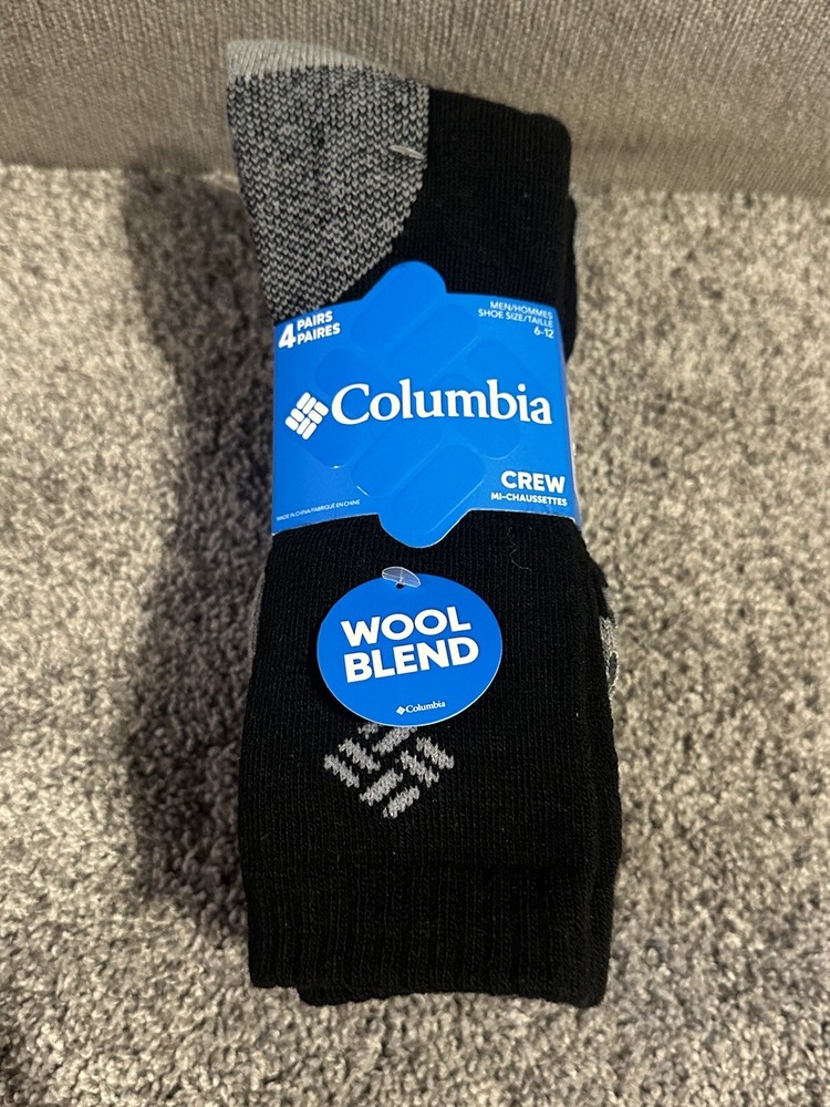 Columbia Men’s Wool Blend Black Crew Socks 4 Pairs Size 6-12