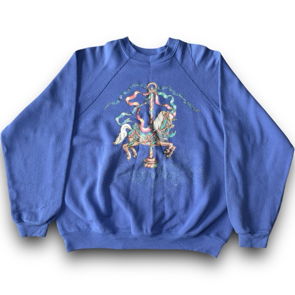 Vtg Christmas Glitter Unicorn Carousel Printed Sweatshirt L Horse Blue Pullover