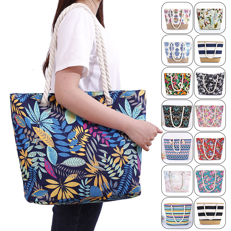 Womens Print Cotton Rope Shoulder Strap Handbag Large Capacity Beach Tote Bags