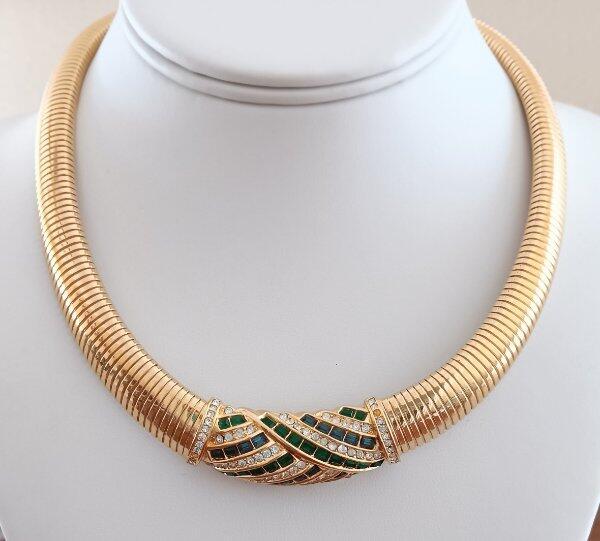 Vintage Christian Dior Goldtone Sapphire Emerald Crystal Choker Necklace Signed