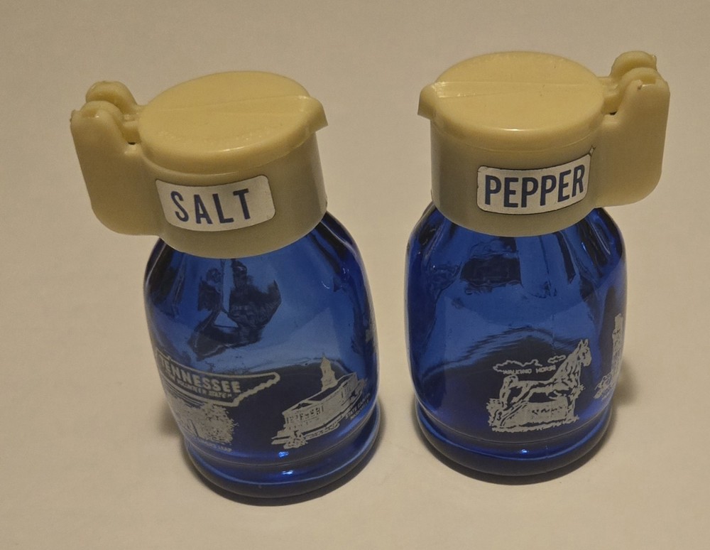 Vintage Blue Glass Tennessee Souvenir Salt Pepper Shakers with Foil Stickers