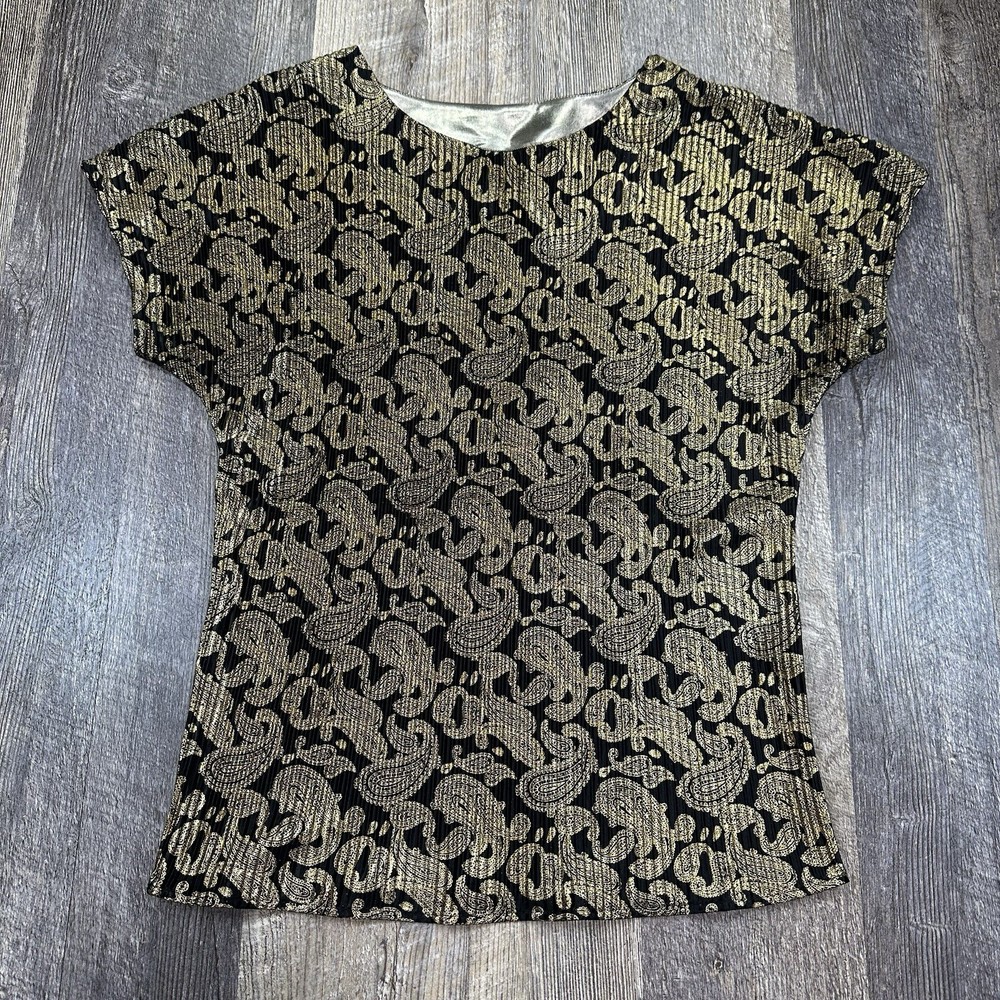 Vintage Trimmings Pleated Brocade Blouse Top Gold Metallic Sheer Womens M USA
