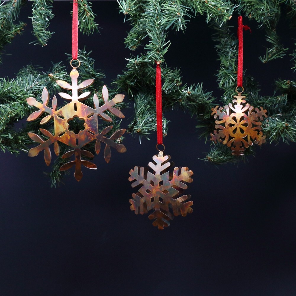Handmade Metal Snowflake Christmas Ornament Set of 3, 4-6 Inch Diameter, Made in India