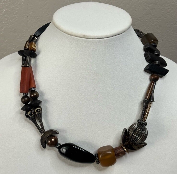 Chico’s African-Inspired Black Onyx Amber Brown Resin Pewter 18-Inch Necklace
