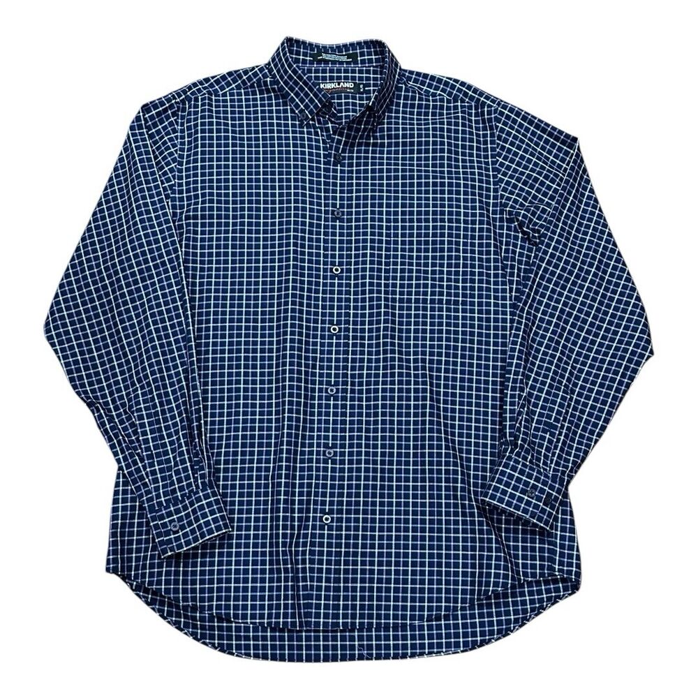 Kirkland Shirt Mens XL Blue Purple Check Button Down Long Sleeve Shirt Non Iron