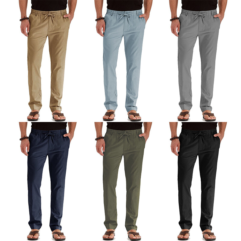 ❀Mens Pants Loose Cotton Linen Straight Pants Elastic Waist Casual Loose Trouser