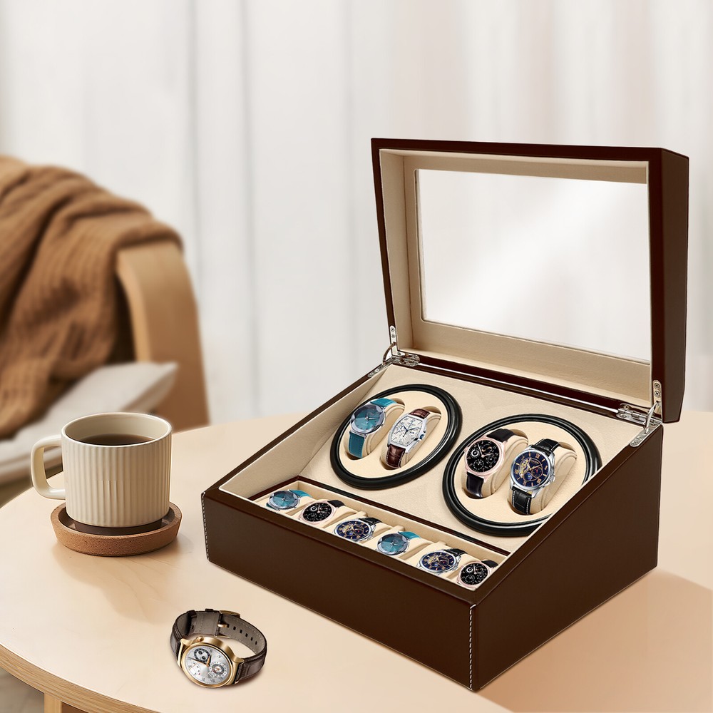 4+6 Automatic Rotation Leather Wood Watch Winder Storage Box Display Case