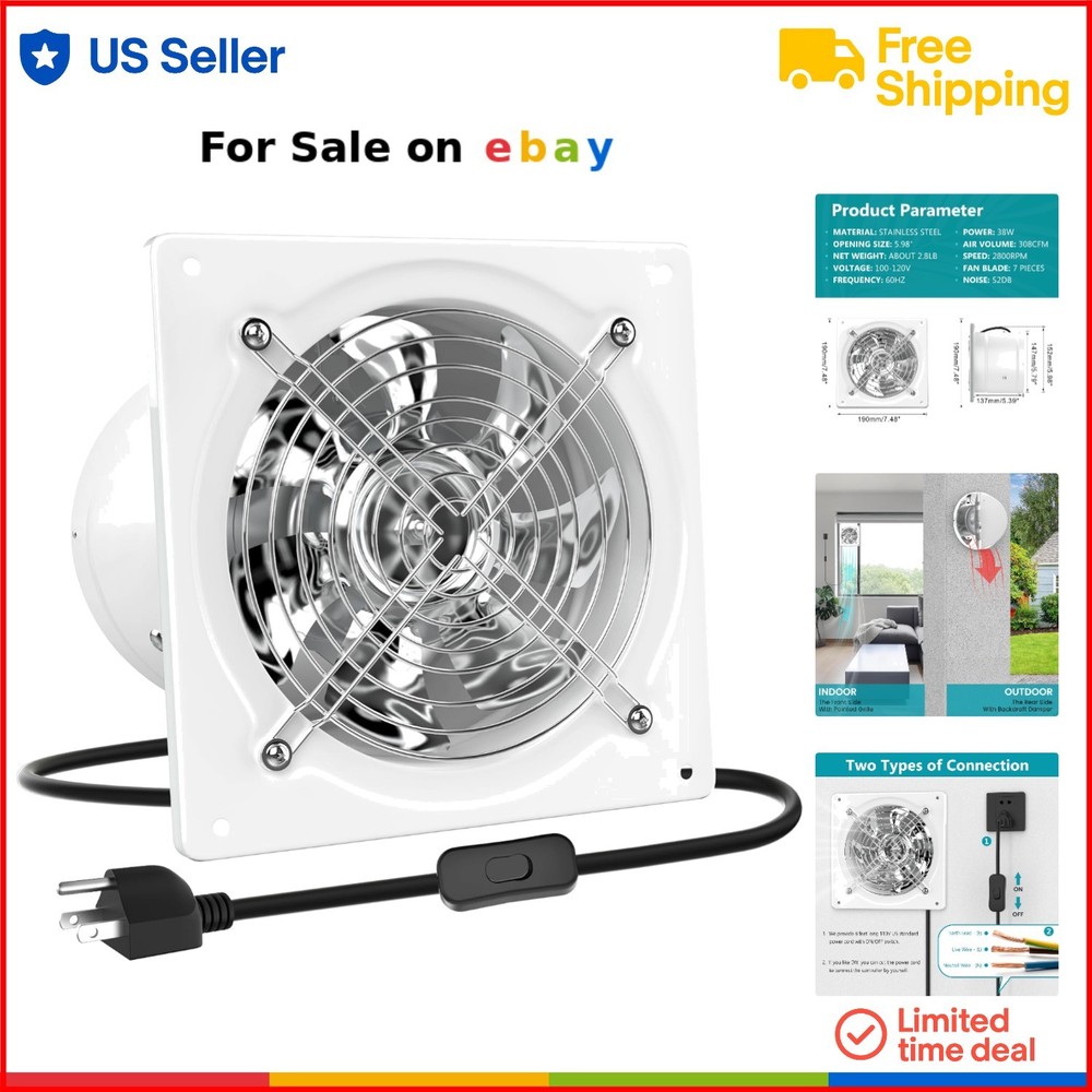 6 Inch Metal Wall Mount Exhaust Fan for Kitchen Bathroom 308 CFM Ventilation