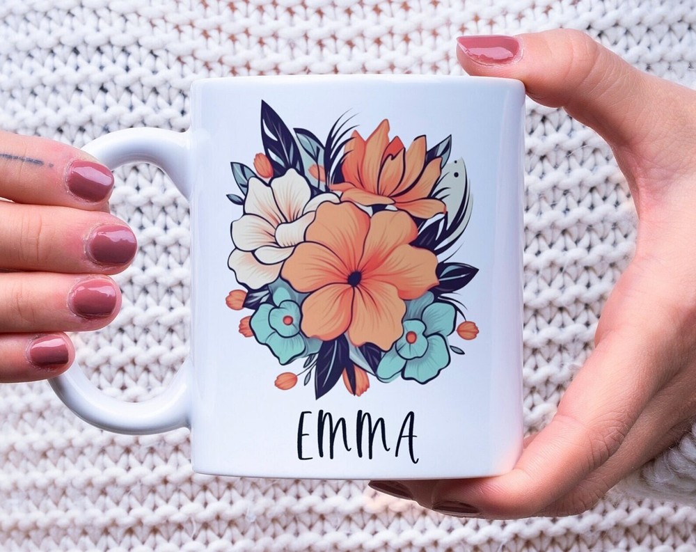 Flower Mug Custom Name Personalized Mug Elegant Design Coffee Mug Gift For Her C
