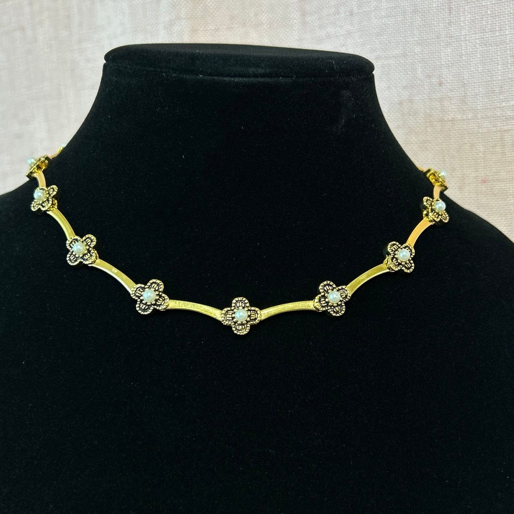 Vintage Gold Tone Clover Necklace with Faux Pearls 16-19in Adjustable Stainless Steel