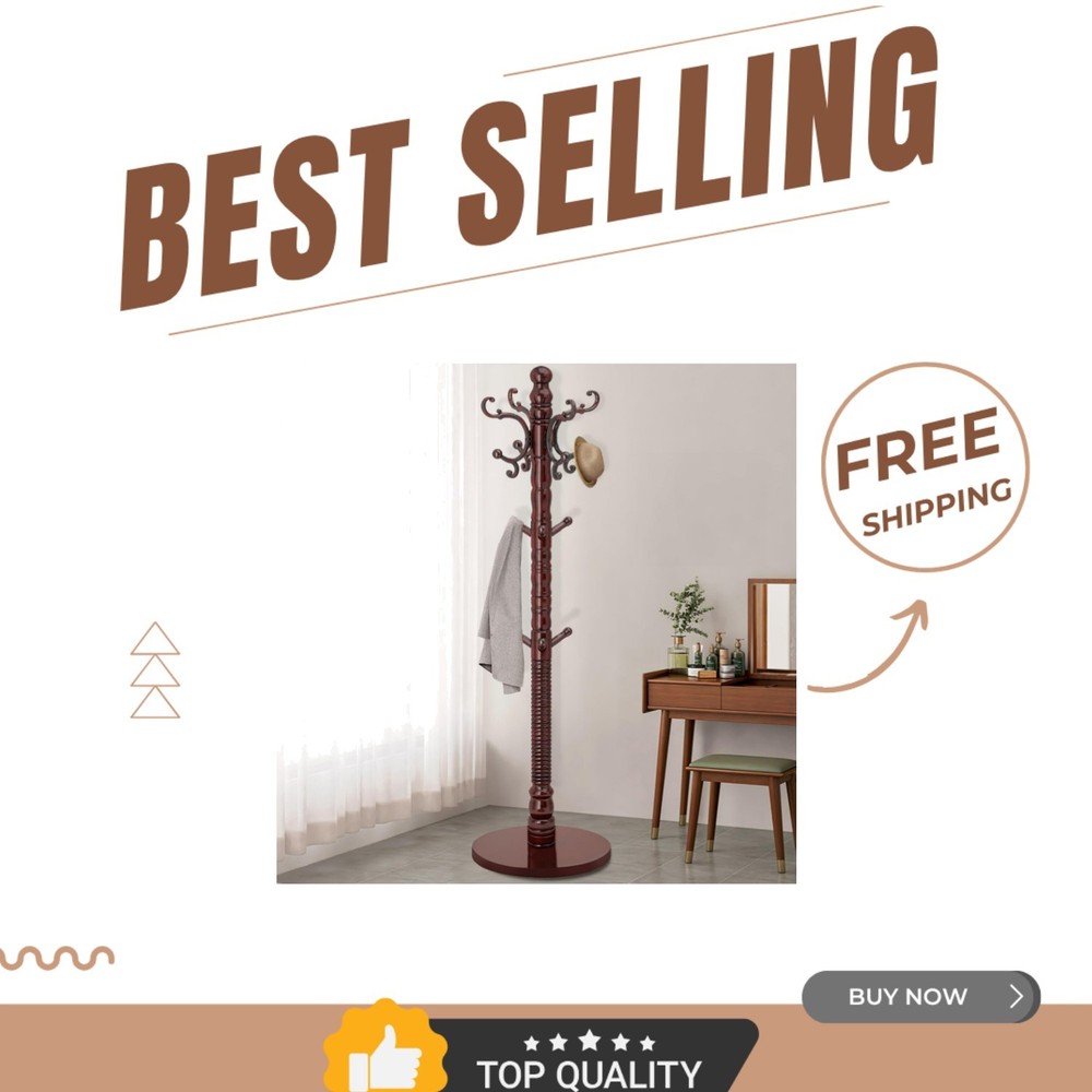 Vintage Wood Coat Rack Stand with 14 Adjustable Hooks in Birch