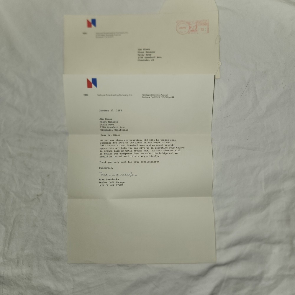 Signed Letter, NBC Letterhead, Days of our Lives Senior Unit Mgr. Fran Zawalonka