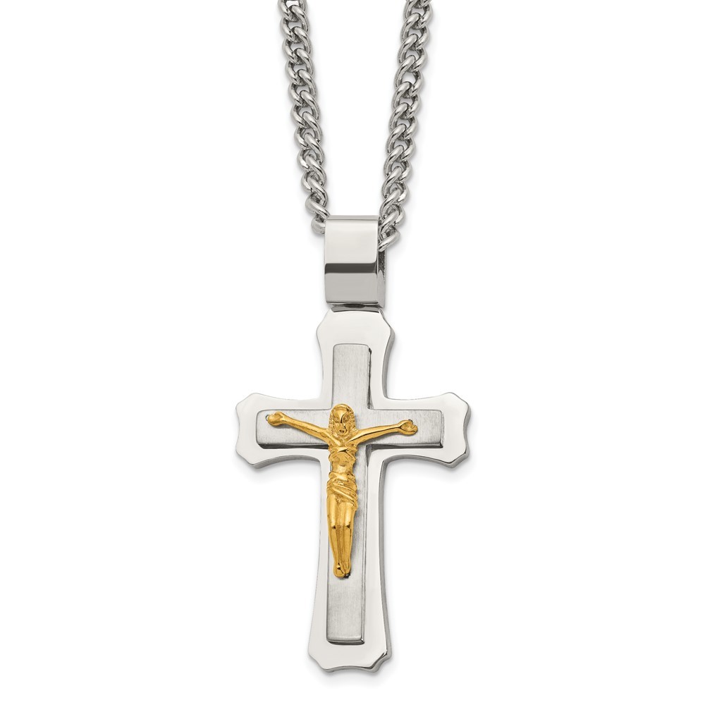 Stainless Steel Yellow IP Crucifix Pendant with 24 Inch Curb Chain