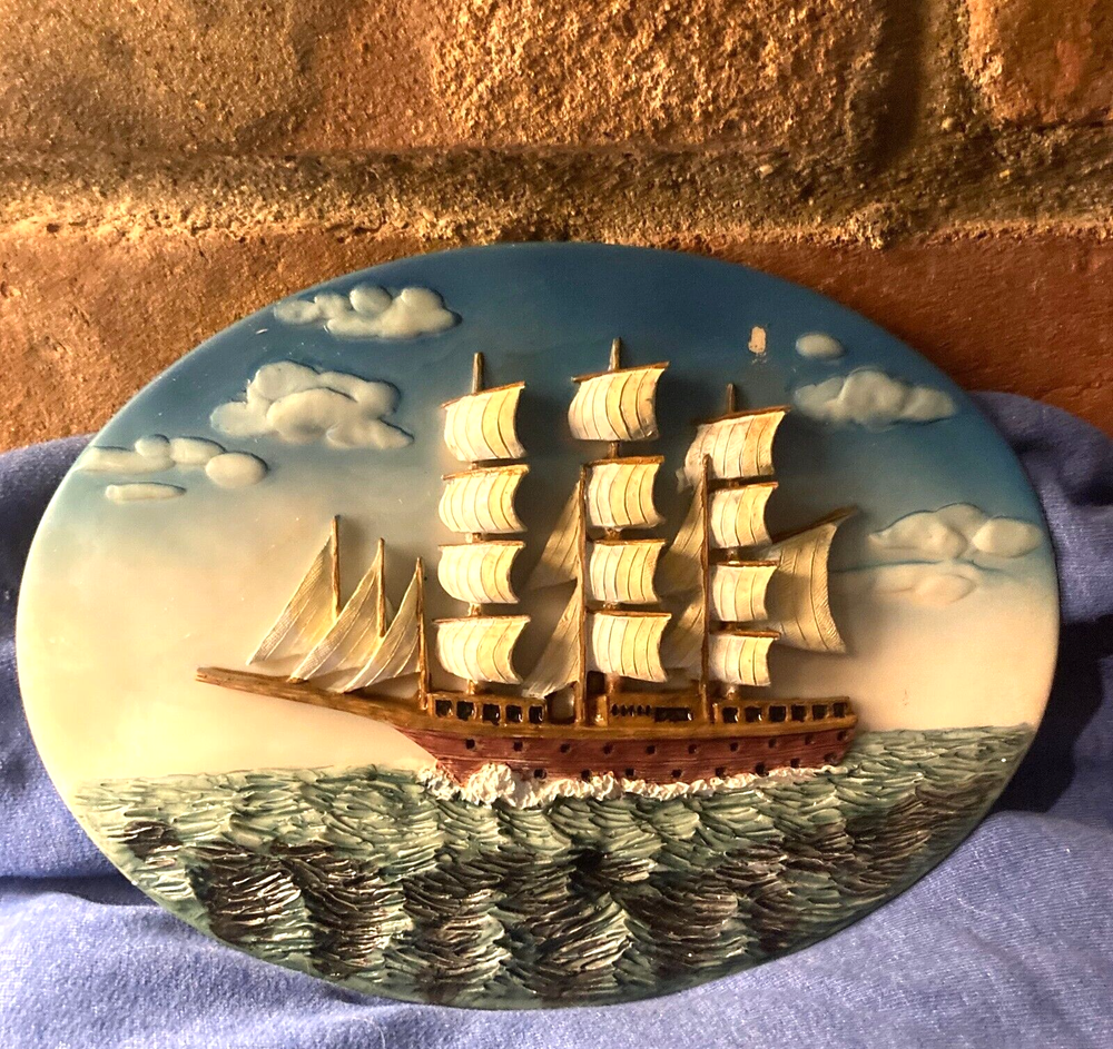 Vintage 3D Resin Clipper Ship Plate Collector's Item 6.5 x 9  1980s preowned