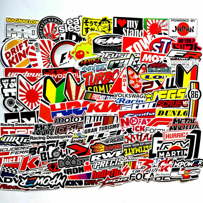 100Pcs JDM Brand Logo Themed Waterproof Stickers Pack Car Motorcycle Racing Moto
