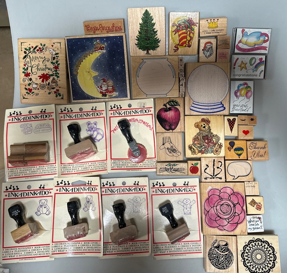 Wood Block Rubber Stamps Variety of sizes Lot Of 50 Various themes Some New