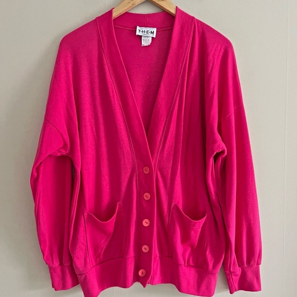 Vintage 70s 80s pink cotton button-front relaxed fit lightweight knit cardigan
