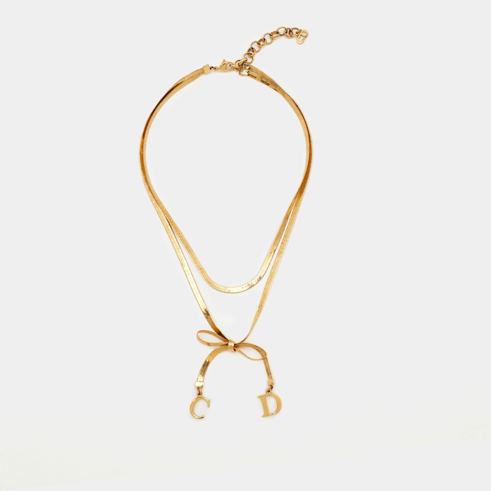 Dior Vintage CD Bow Gold Plated Double Chain Necklace