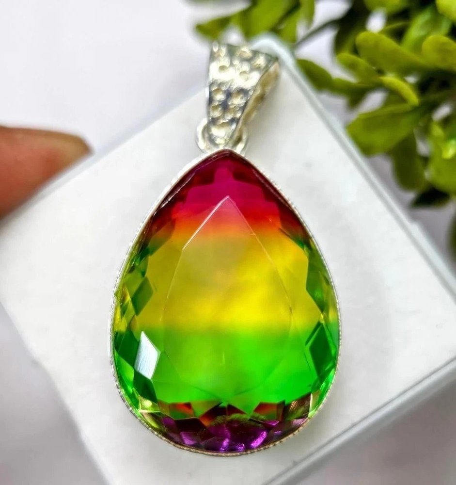 62+ Ct Doublet Multi Color Tourmaline Sterling Silver Jewelry TearDrop Pendant