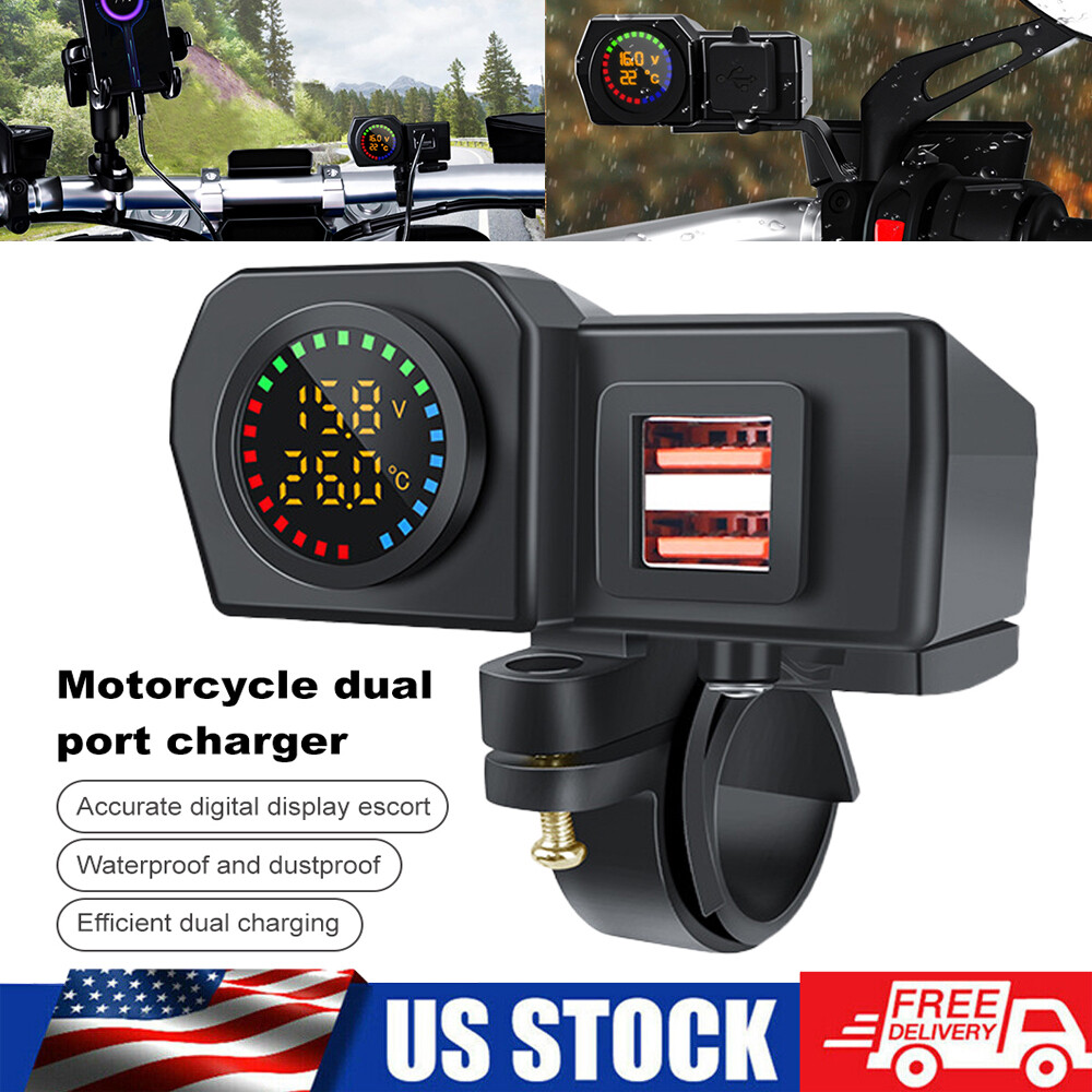 Motorcycle Dual USB Fast Charger with Waterproof LED Voltmeter