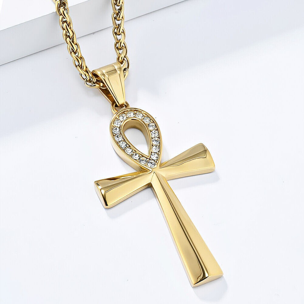 Mens Women Stainless Steel Coptic Ankh Cross Pendant Necklace Rope Chain Gift