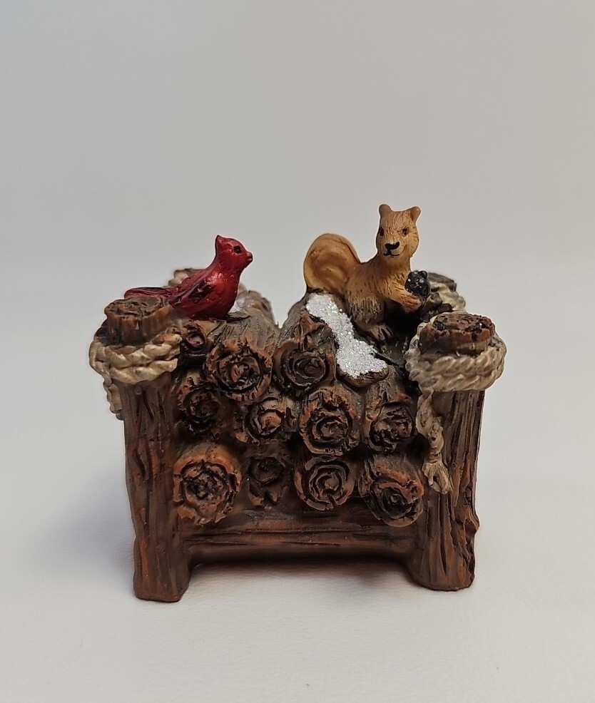 Christmas Village Woodpile Scene with Cardinal Bird & Squirrel