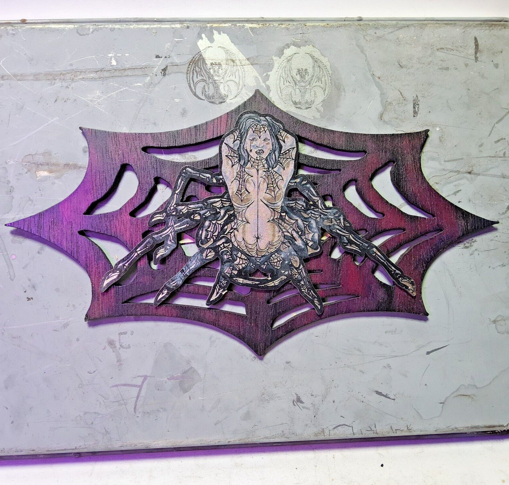 Laser engraved cut spider queen on web digital plywood pinup art 12x7 goth decor