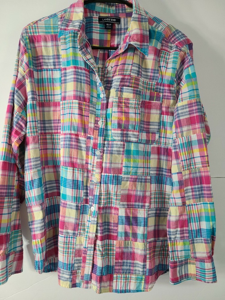Lands End Womens Plaid Long Sleeve Button-Down Shirt Petite Medium 10-12 Multi-Color