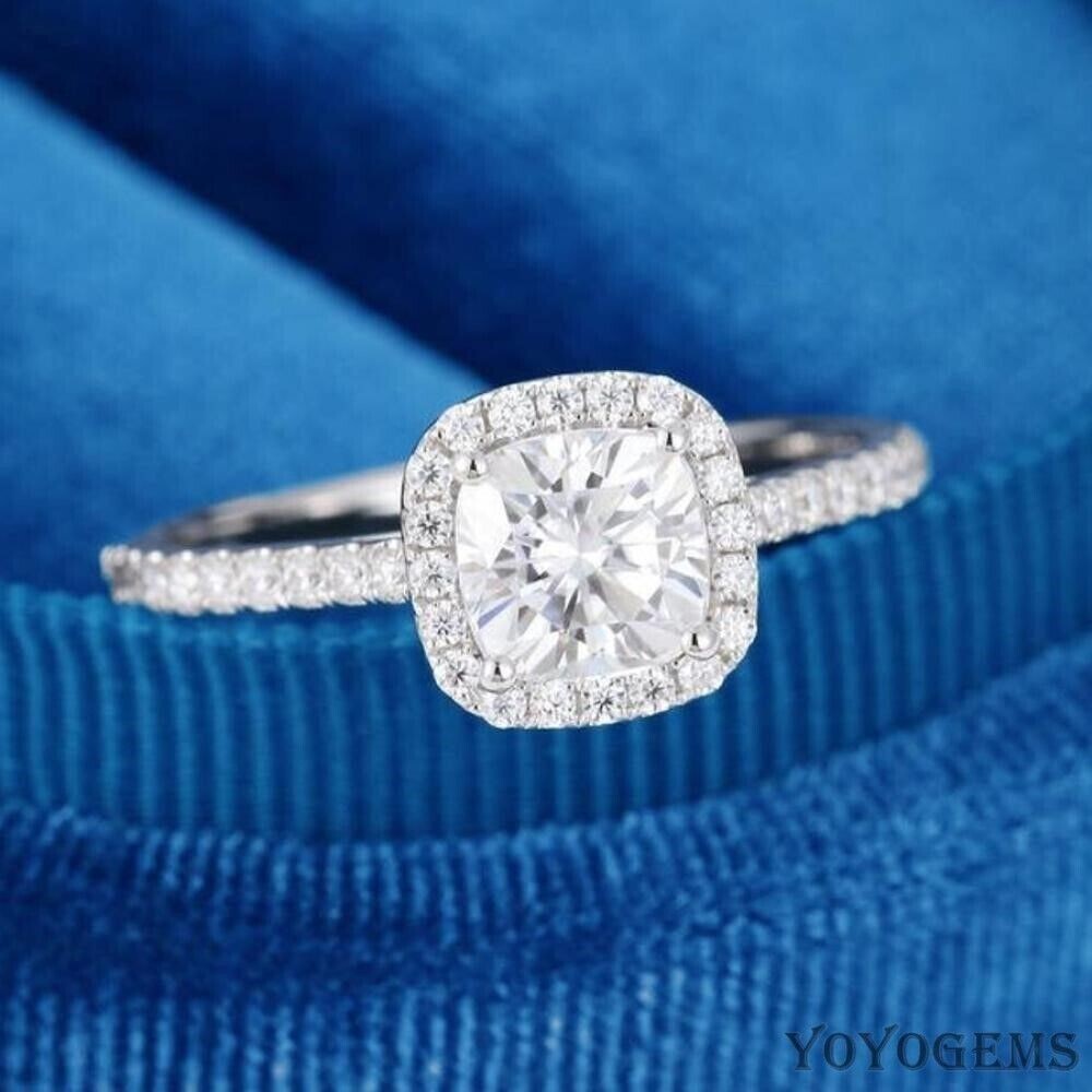 2 Ct Cushion Cut VVS1 Moissanite Halo Engagement Ring 14K White Gold Plated