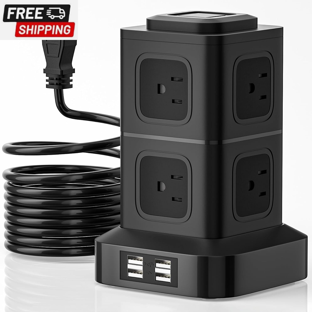 Power Strip Tower Surge Protector 10 FT Extension Cord with 8 AC Outlets 4 USB P