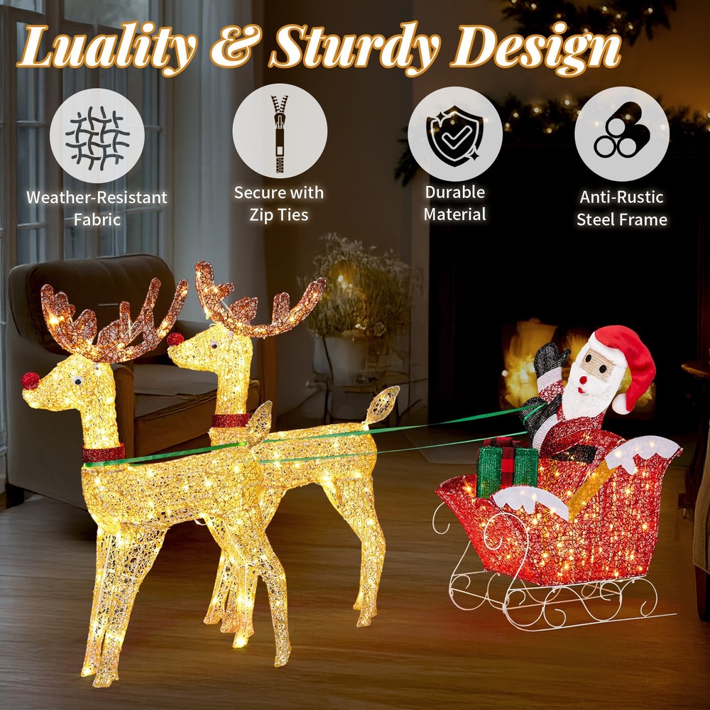 Outdoor 71in Christmas Lighted Deer Pulling Old Man Splicing Lawn Decoration