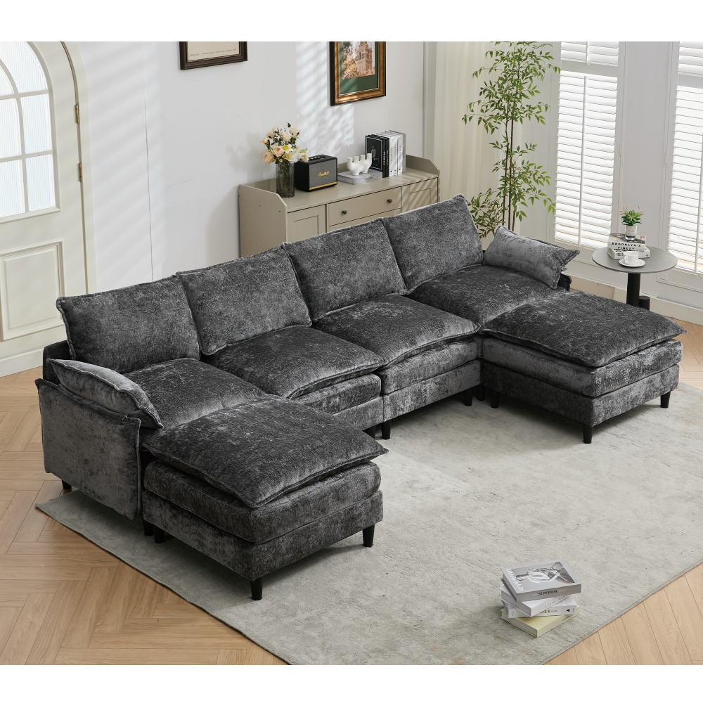 U Shaped 6-Seater Modular Convertible Sectional Sofa with Armrest Pillows