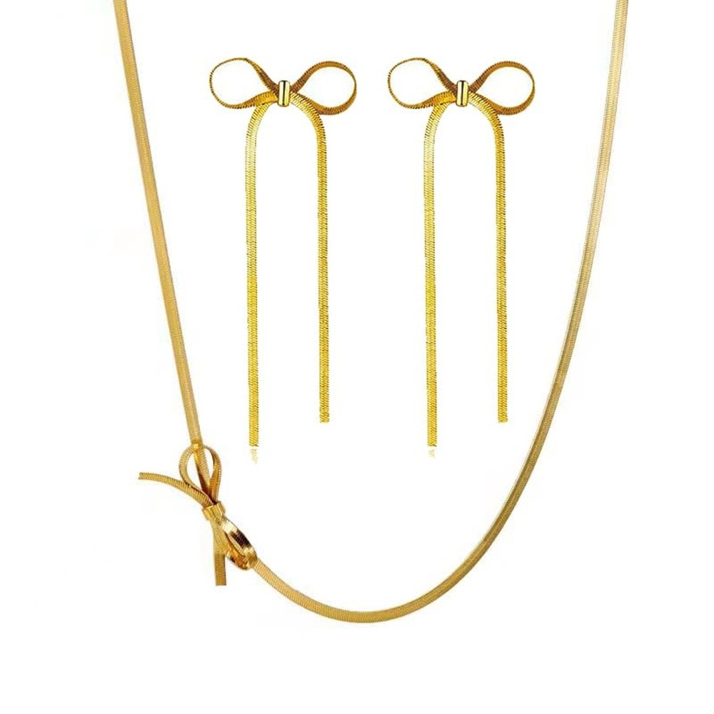 Bow Dangle Choker Necklace Set for Women Long Tassel Chain Earrings Dainty Go...