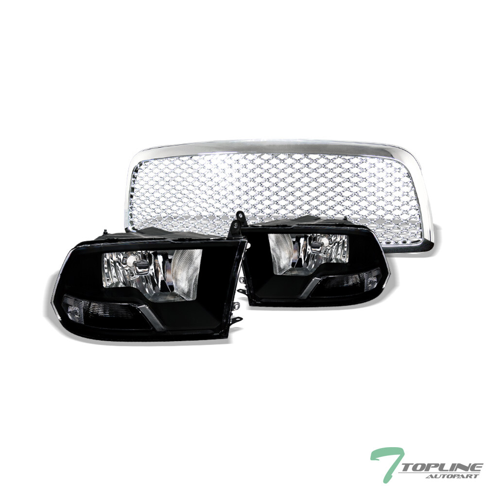 Topline For 2009-2012 Ram 1500 Dual Lamp Blk Headlight Signal+Mesh Grille Chrome
