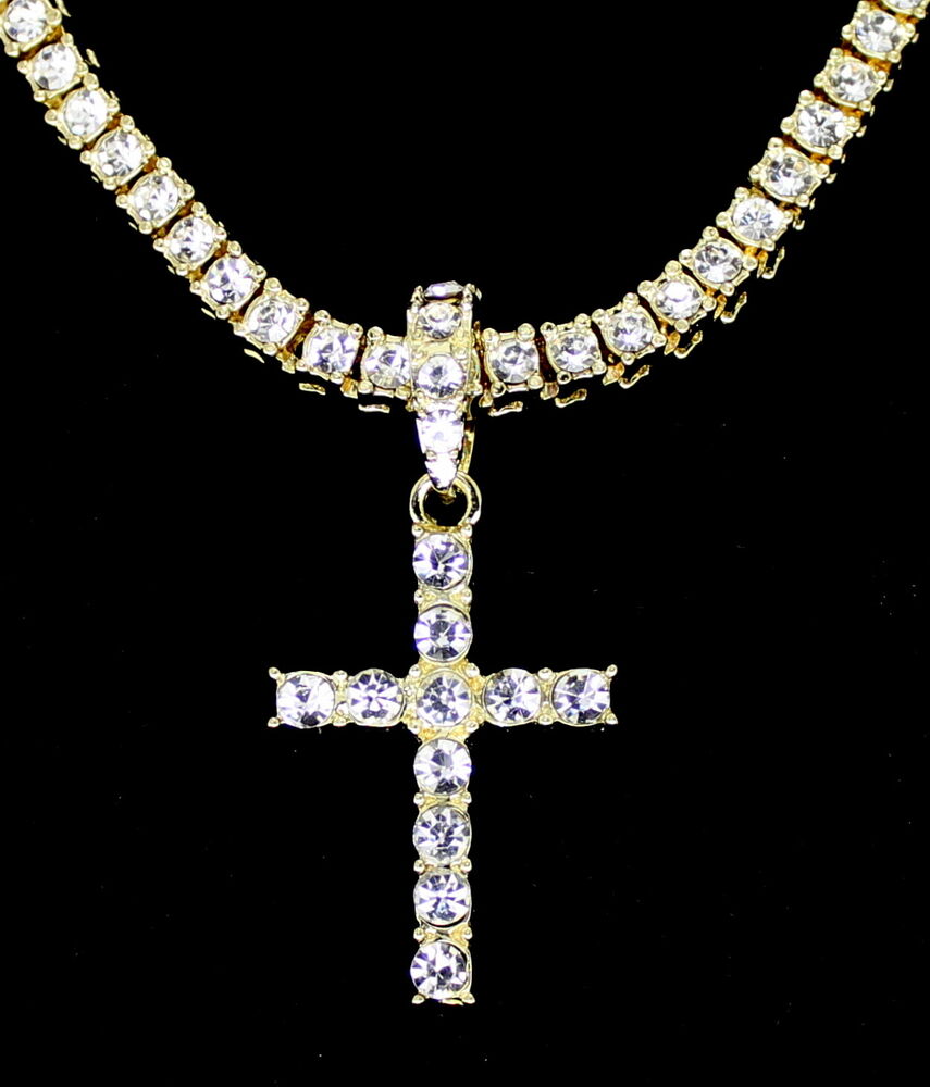 Iced CZ Cross Pendant Medallion Tennis Necklace Set 14k Gold Plated Hip Hop