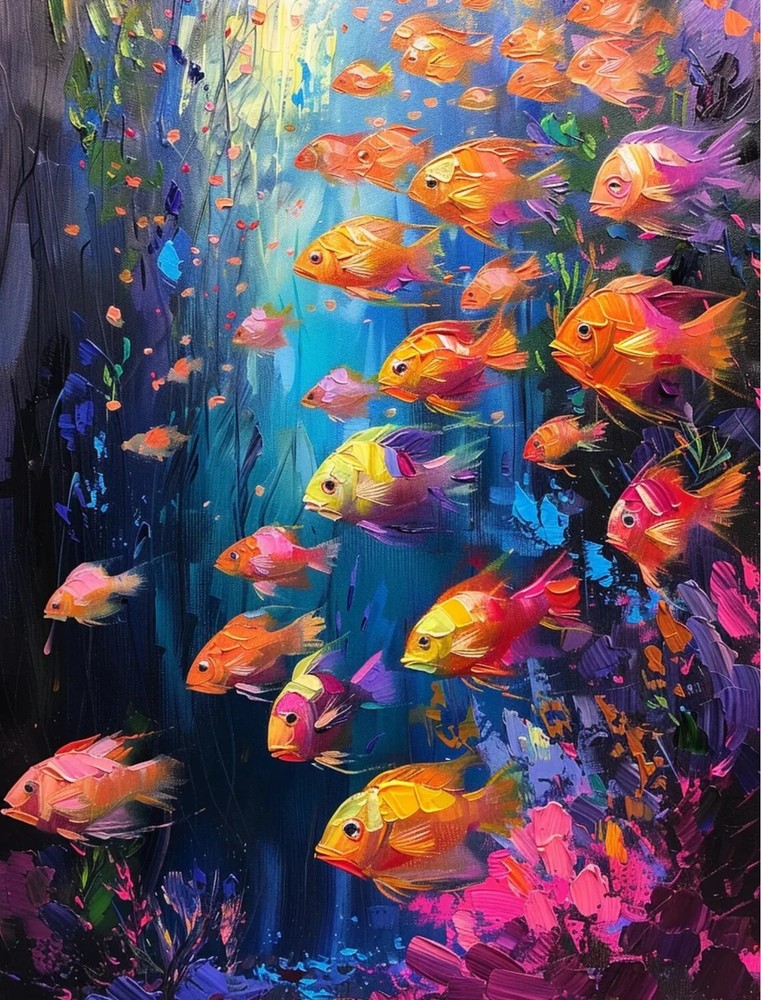 Vibrant Color Fishes in The Sea Paint Unframed Canvas Print Australian Wall Art