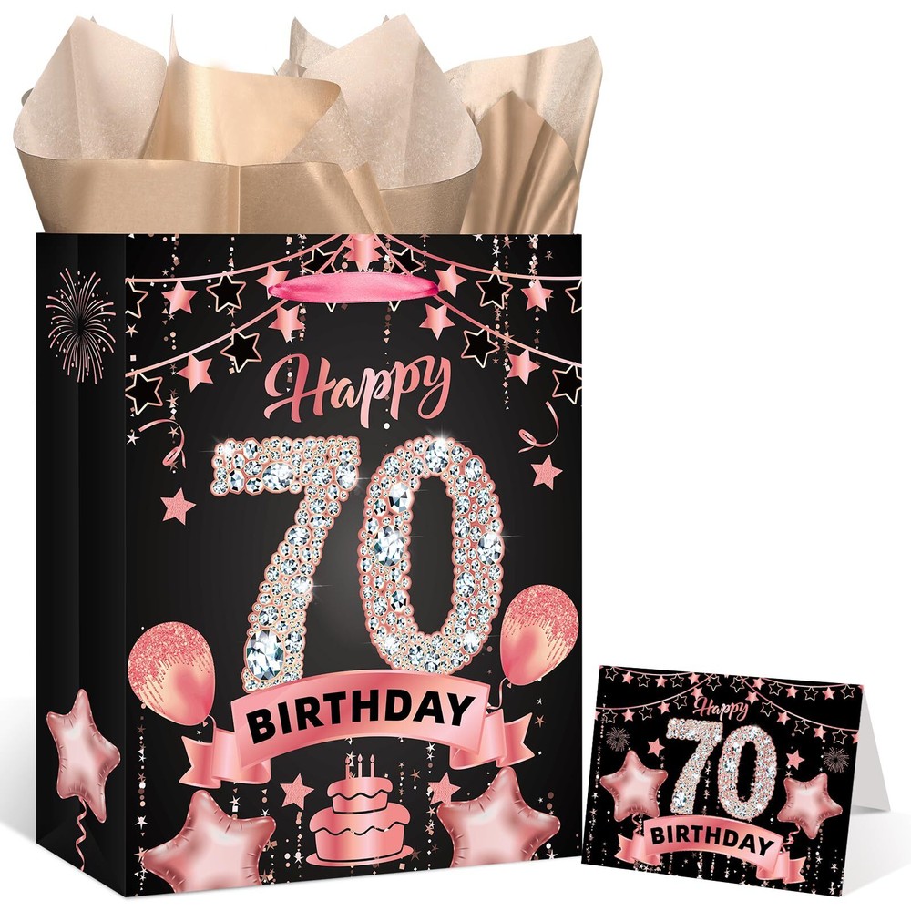 Rose Gold 70th Birthday Gift Bag with Tissue Paper for Women Christmas