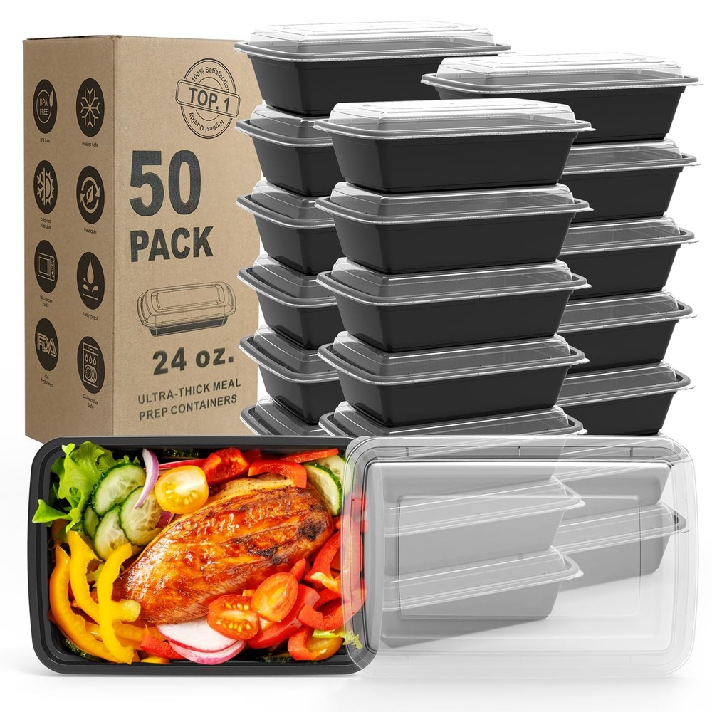 24oz BPA-Free Meal Prep Containers 50-Pack Stackable Microwave & Dishwasher Safe