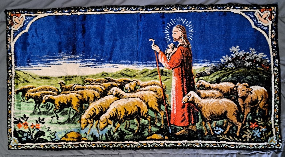 Italian Tapestry Jesus Shepard Flock 20”x38” Made In Italy Wall Hanging Rug