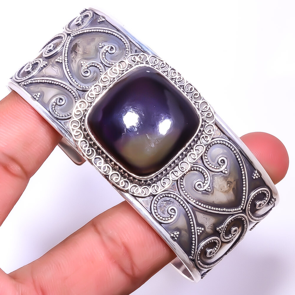 Black Onyx - Brazil Gemstone 925 Sterling Silver Bali Cuff Adst. T98 TC3367-7 A1