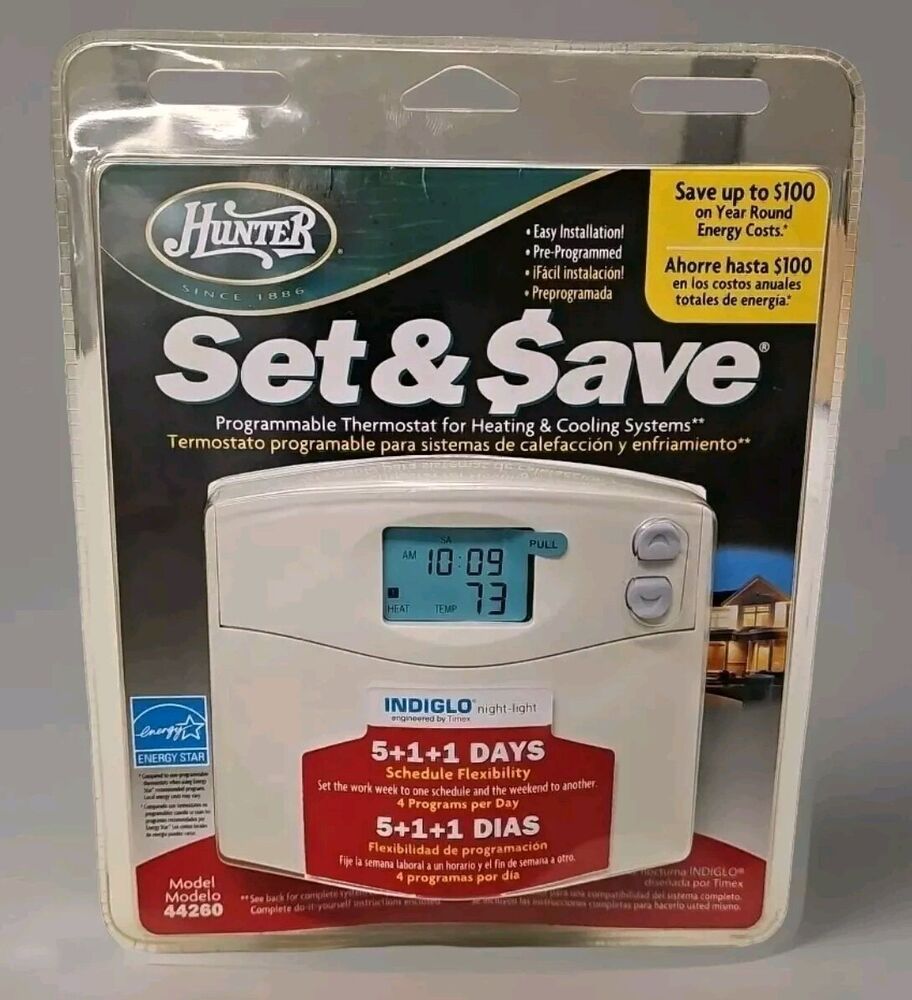 Hunter Set & Save 44260 5+1+1 Programmable Heating & Cooling Wall Thermostat NEW