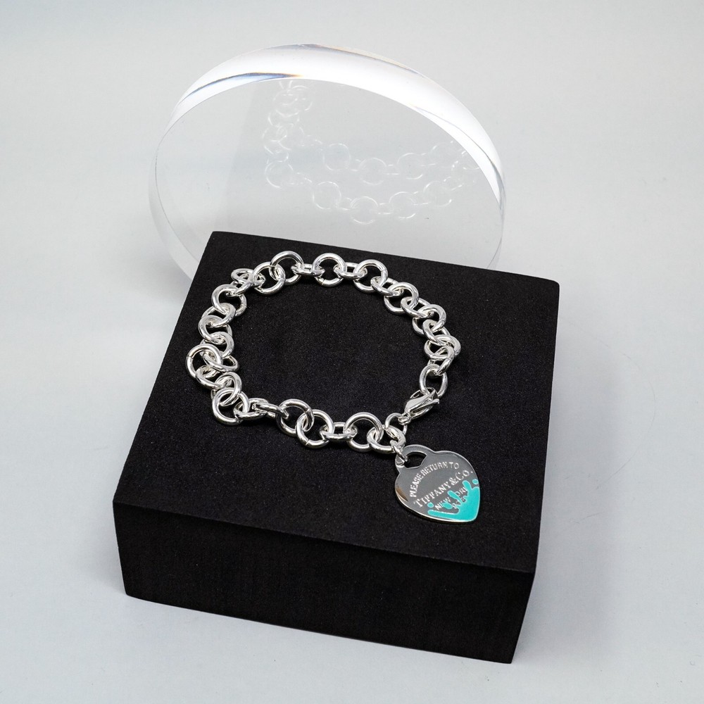 Tiffany & Co. 925 Silver, Blue Splash Heart Tag Bracelet 20cm With Gift Box Set